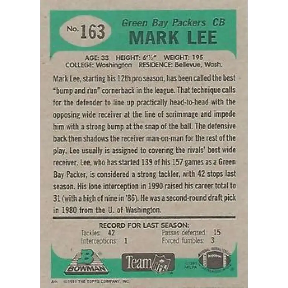 1991 Bowman #163 Mark Lee NM-MT Green Bay Packers Football Card - Football Card Single