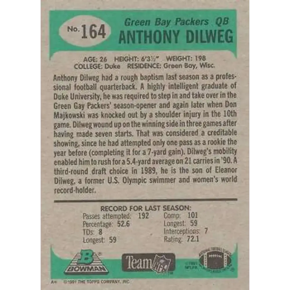 1991 Bowman #164 Anthony Dilweg NM-MT Green Bay Packers Football Card - Football Card Single