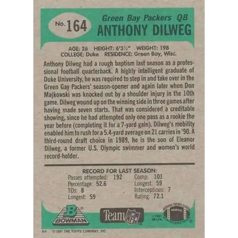 1991 Bowman #164 Anthony Dilweg NM-MT Green Bay Packers Football Card - Football Card Single