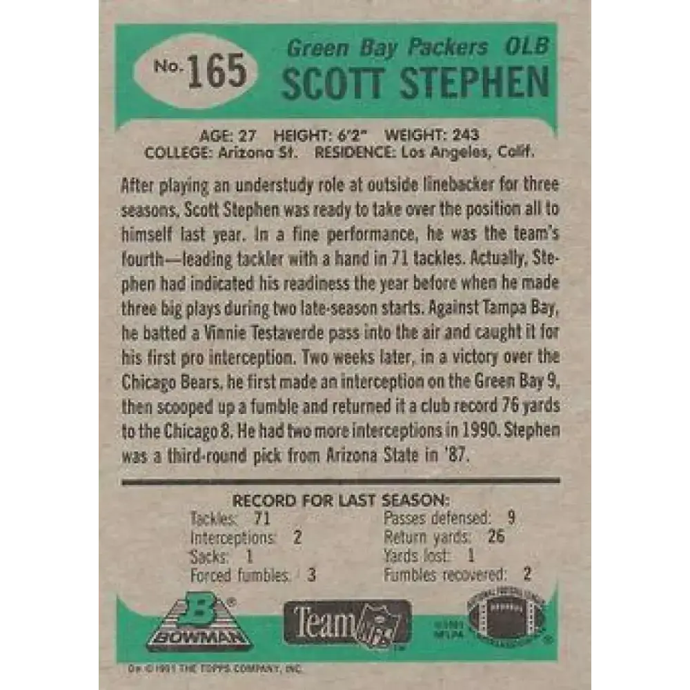 1991 Bowman #165 Scott Stephen NM-MT RC Rookie Green Bay Packers Football Card - Football Card Single