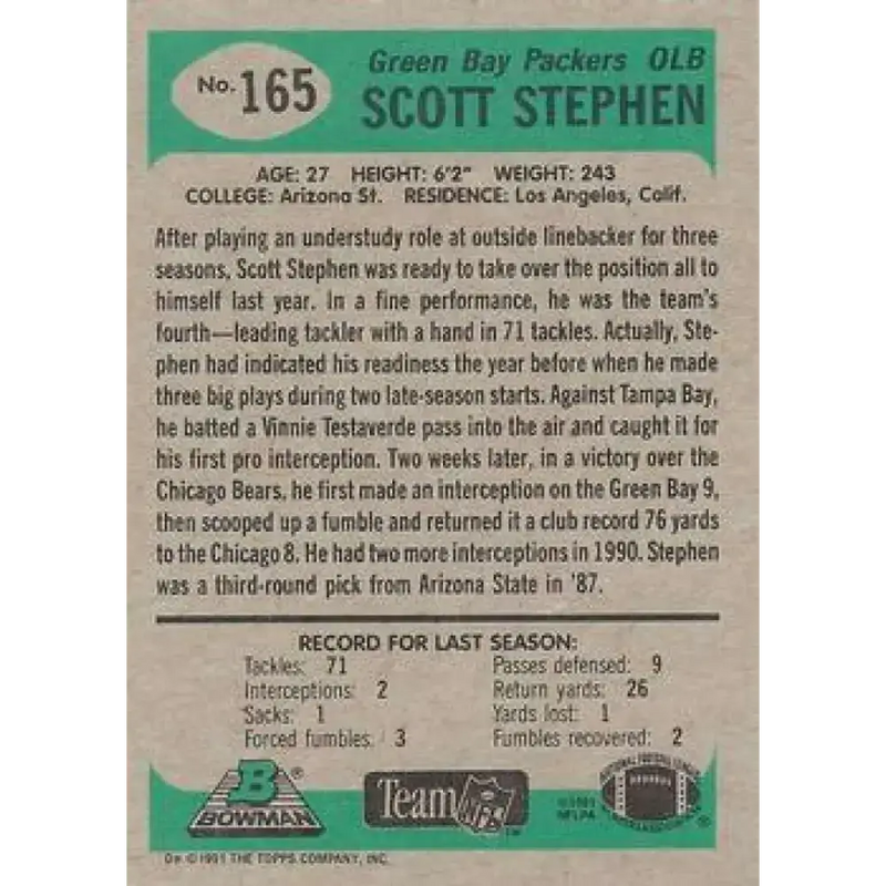 1991 Bowman #165 Scott Stephen NM-MT RC Rookie Green Bay Packers Football Card - Football Card Single