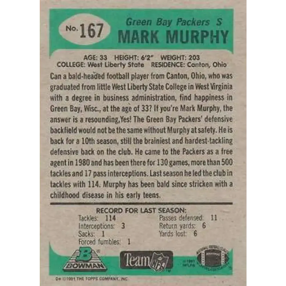 1991 Bowman #167 Mark Murphy NM-MT Green Bay Packers Football Card - Football Card Single