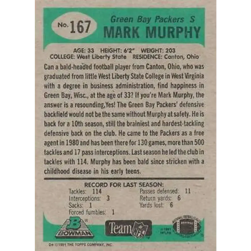 1991 Bowman #167 Mark Murphy NM-MT Green Bay Packers Football Card - Football Card Single