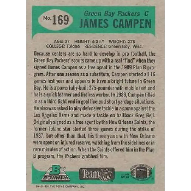 1991 Bowman #169 James Campen NM-MT RC Rookie Green Bay Packers Football Card