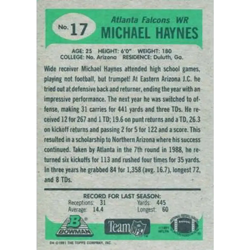 1991 Bowman #17 Michael Haynes NM-MT Atlanta Falcons Football Card - Football Card Single