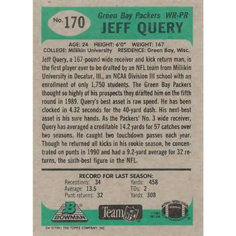 1991 Bowman #170 Jeff Query NM-MT Green Bay Packers Football Card - Football Card Single