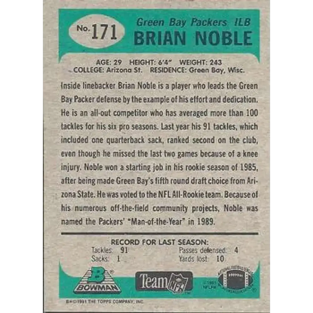 1991 Bowman #171 Brian Noble NM-MT Green Bay Packers Football Card - Football Card Single