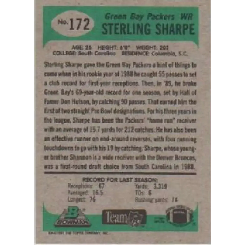 1991 Bowman #172 Sterling Sharpe NM-MT Green Bay Packers Football Card - Football Card Single