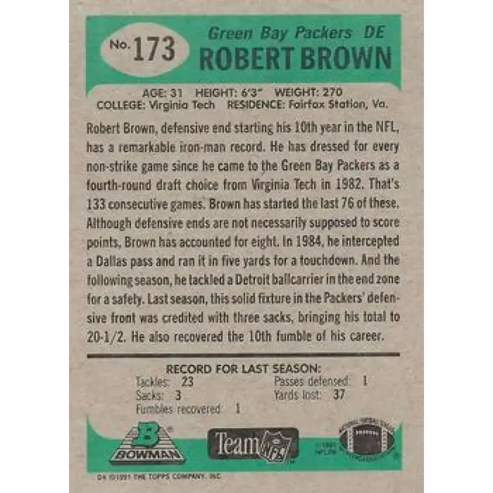 1991 Bowman #173 Robert Brown NM-MT Green Bay Packers Football Card - Football Card Single