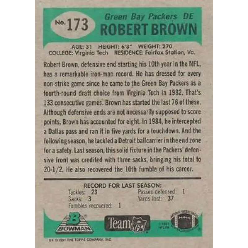 1991 Bowman #173 Robert Brown NM-MT Green Bay Packers Football Card - Football Card Single