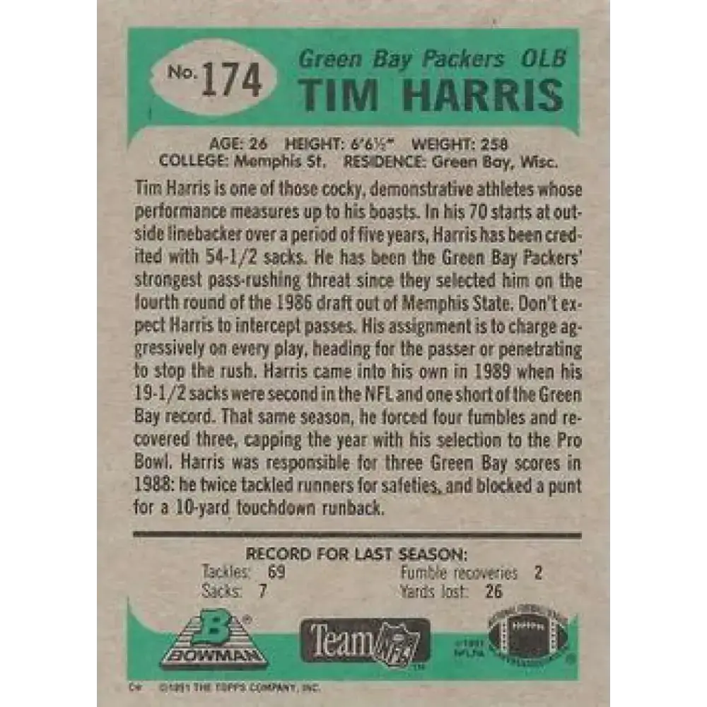1991 Bowman #174 Tim Harris NM-MT Green Bay Packers Football Card - Football Card Single