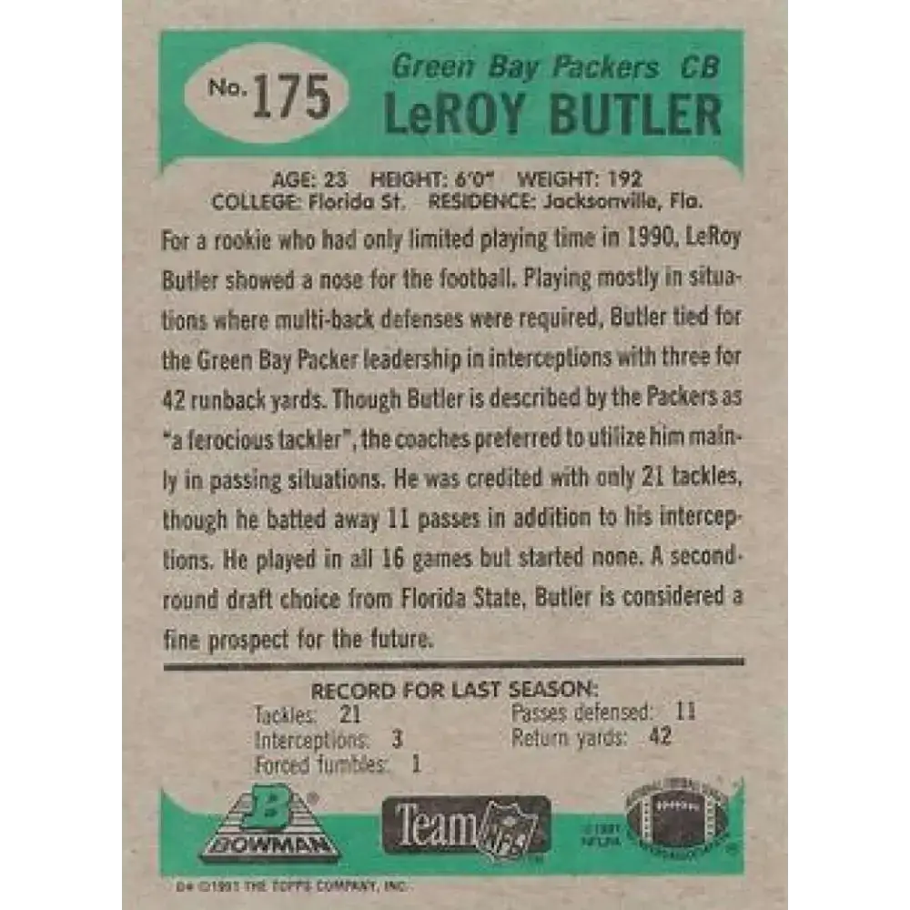 1991 Bowman #175 LeRoy Butler NM-MT Green Bay Packers Football Card - Football Card Single