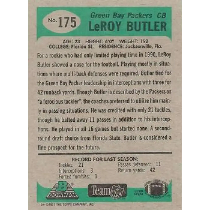 1991 Bowman #175 LeRoy Butler NM-MT Green Bay Packers Football Card - Football Card Single