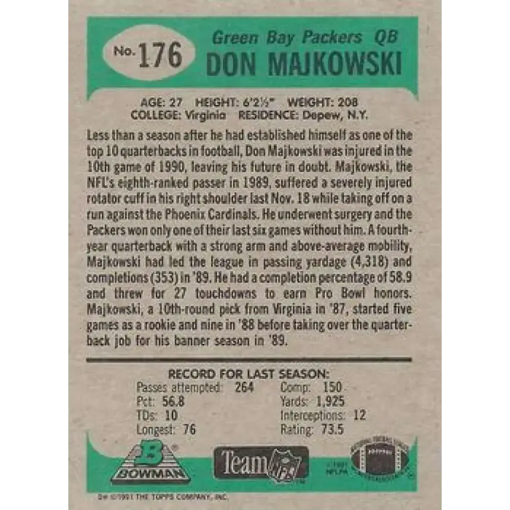 1991 Bowman #176 Don Majkowski NM-MT Green Bay Packers Football Card - Football Card Single