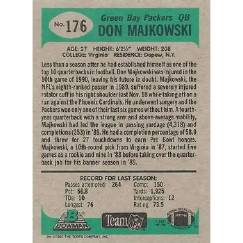 1991 Bowman #176 Don Majkowski NM-MT Green Bay Packers Football Card - Football Card Single