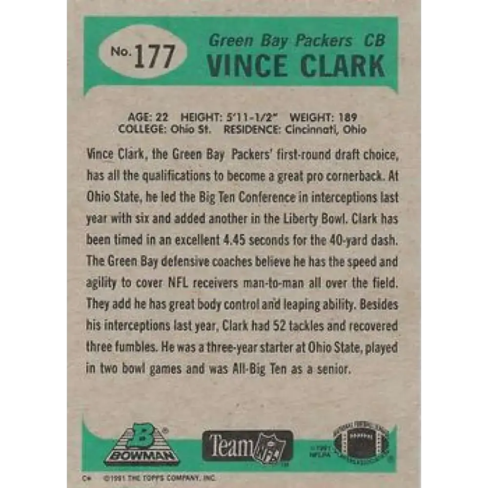 1991 Bowman #177 Vinnie Clark NM-MT RC Rookie Green Bay Packers Football Card - Football Card Single