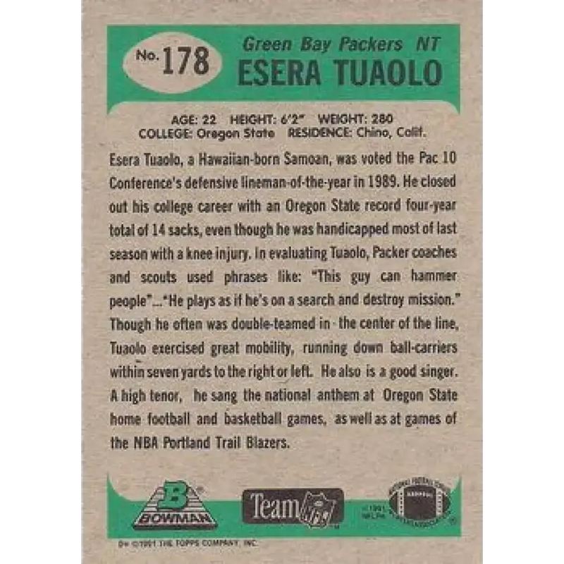 1991 Bowman #178 Esera Tuaolo NM-MT RC Rookie Green Bay Packers Football Card - Football Card Single