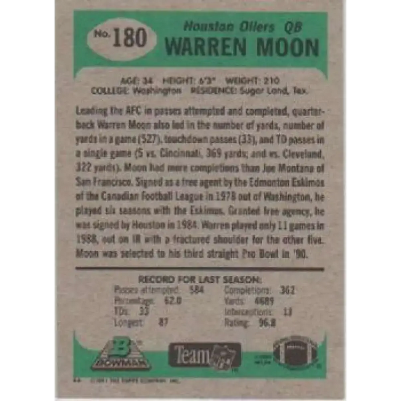 1991 Bowman #180 Warren Moon NM-MT Houston Oilers Football Card