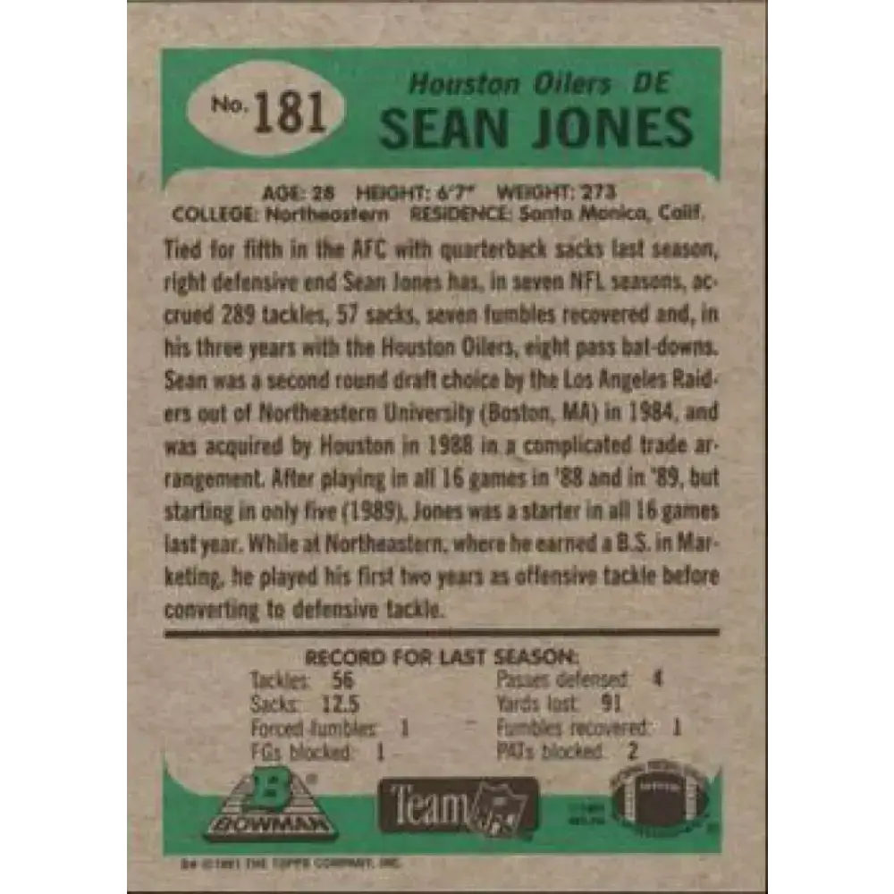 1991 Bowman #181 Sean Jones NM-MT Houston Oilers Football Card - Football Card Single