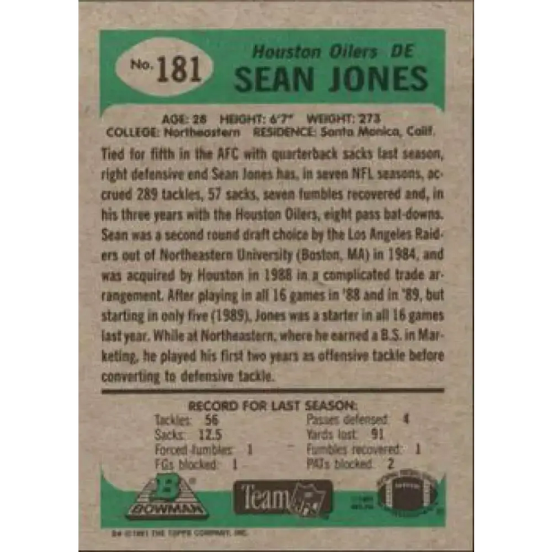 1991 Bowman #181 Sean Jones NM-MT Houston Oilers Football Card - Football Card Single