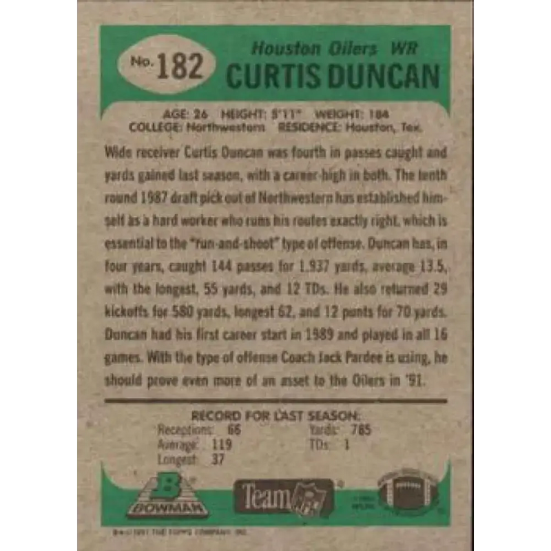 1991 Bowman #182 Curtis Duncan NM-MT Houston Oilers Football Card - Football Card Single