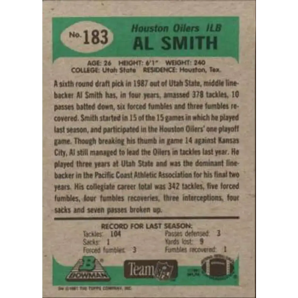 1991 Bowman #183 Al Smith NM-MT Houston Oilers Football Card - Football Card Single