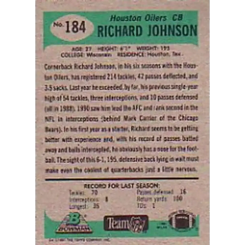 1991 Bowman #184 Richard Johnson NM-MT RC Rookie Houston Oilers Football Card - Football Card Single