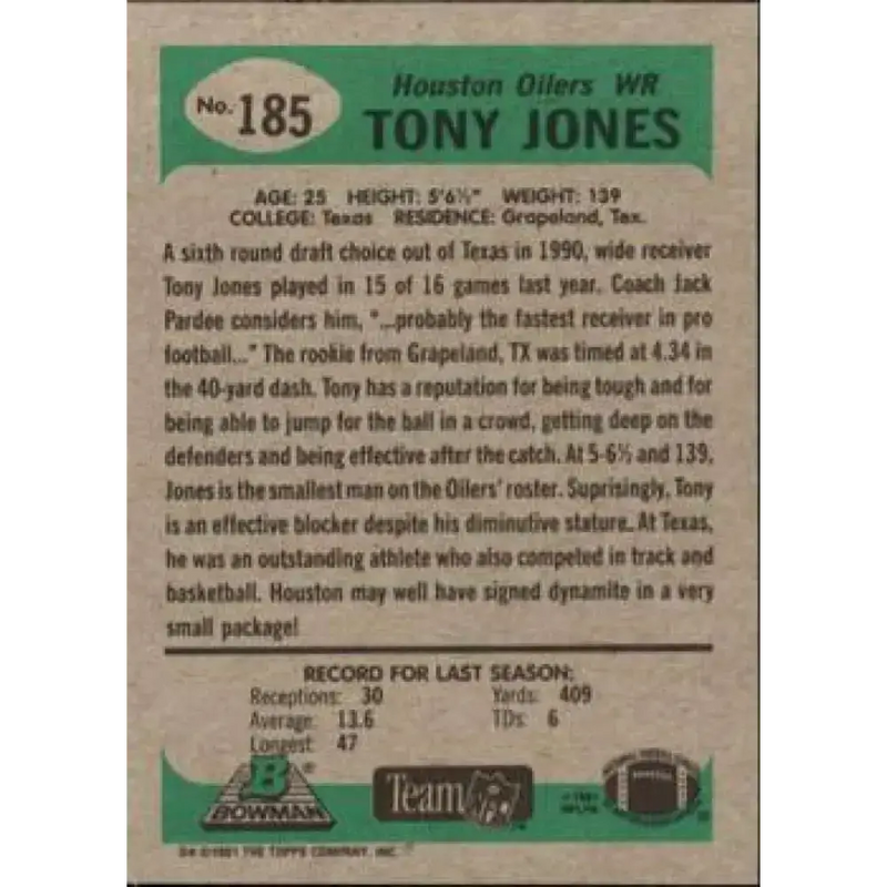 1991 Bowman #185 Tony Jones NM-MT Houston Oilers Football Card - Football Card Single