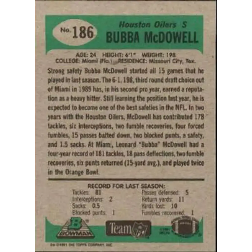 1991 Bowman #186 Bubba McDowell NM-MT Houston Oilers Football Card - Football Card Single