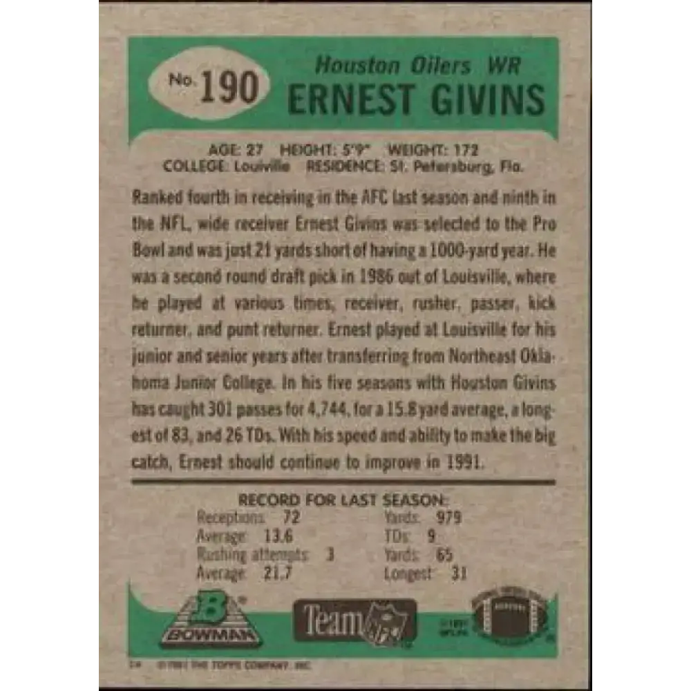1991 Bowman #190 Ernest Givins NM-MT Houston Oilers Football Card - Football Card Single