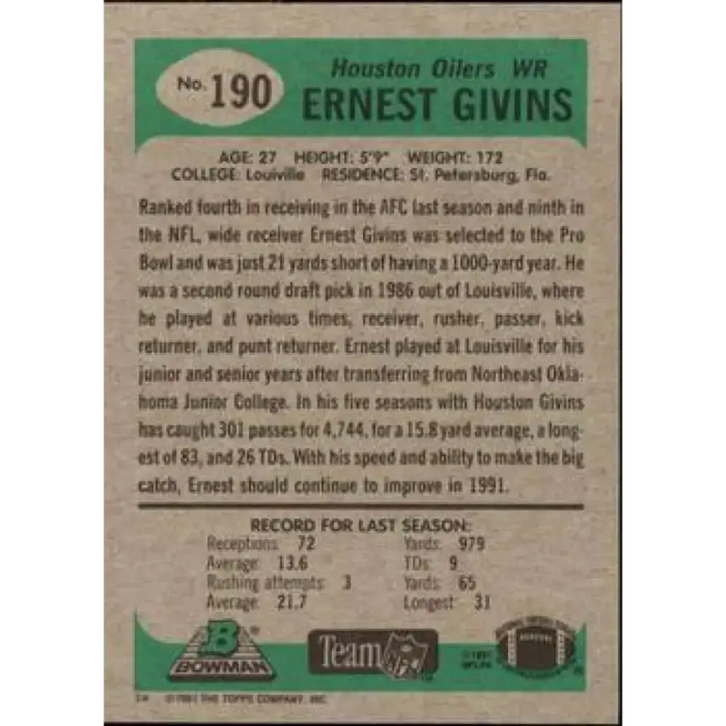 1991 Bowman #190 Ernest Givins NM-MT Houston Oilers Football Card - Football Card Single
