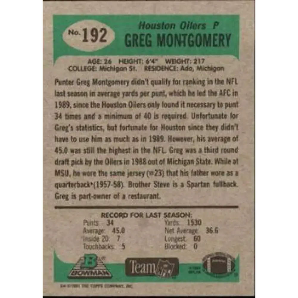 1991 Bowman #192 Greg Montgomery NM-MT Houston Oilers Football Card - Football Card Single