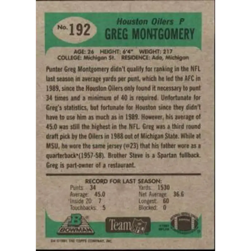 1991 Bowman #192 Greg Montgomery NM-MT Houston Oilers Football Card - Football Card Single