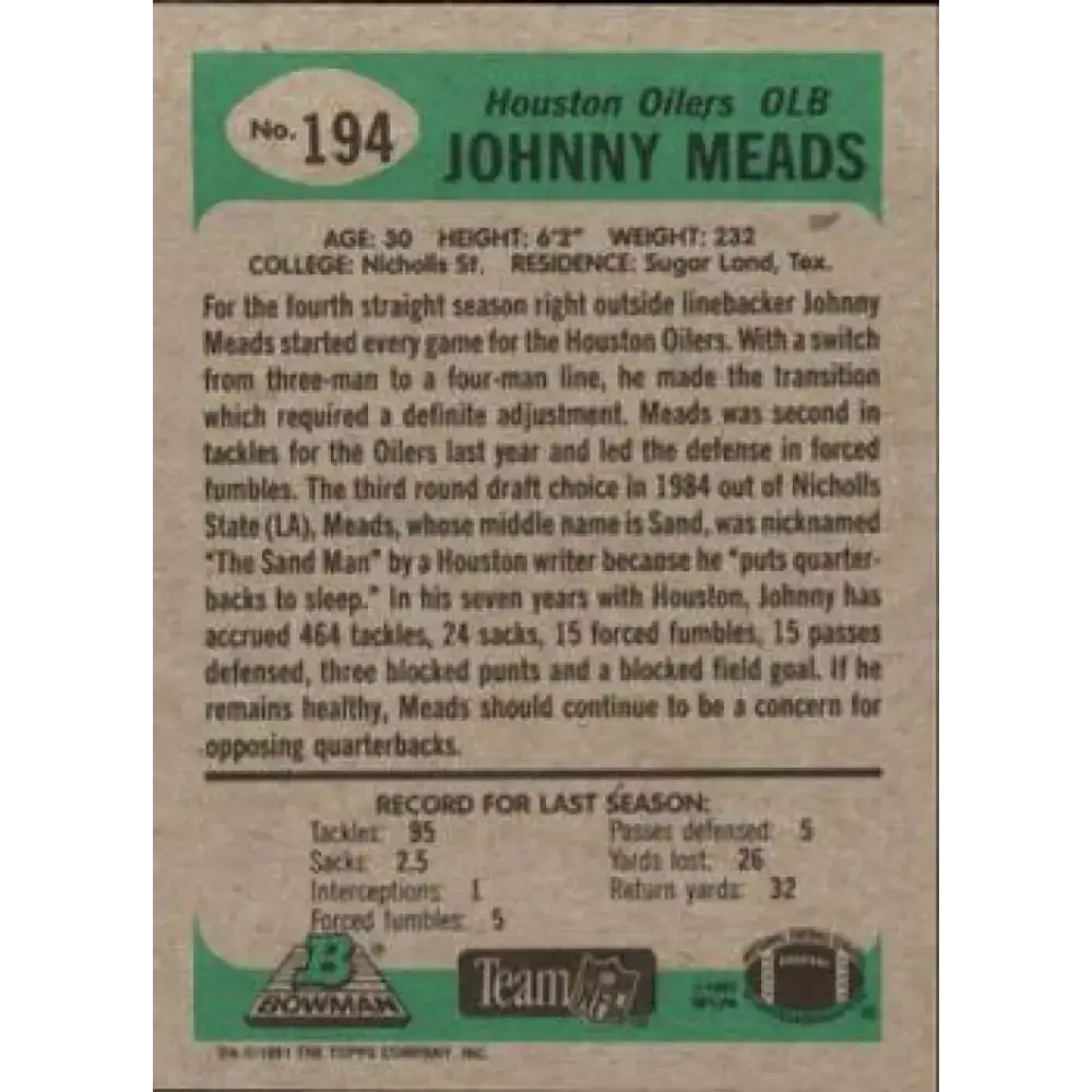 1991 Bowman #194 Johnny Meads NM-MT Houston Oilers Football Card - Football Card Single