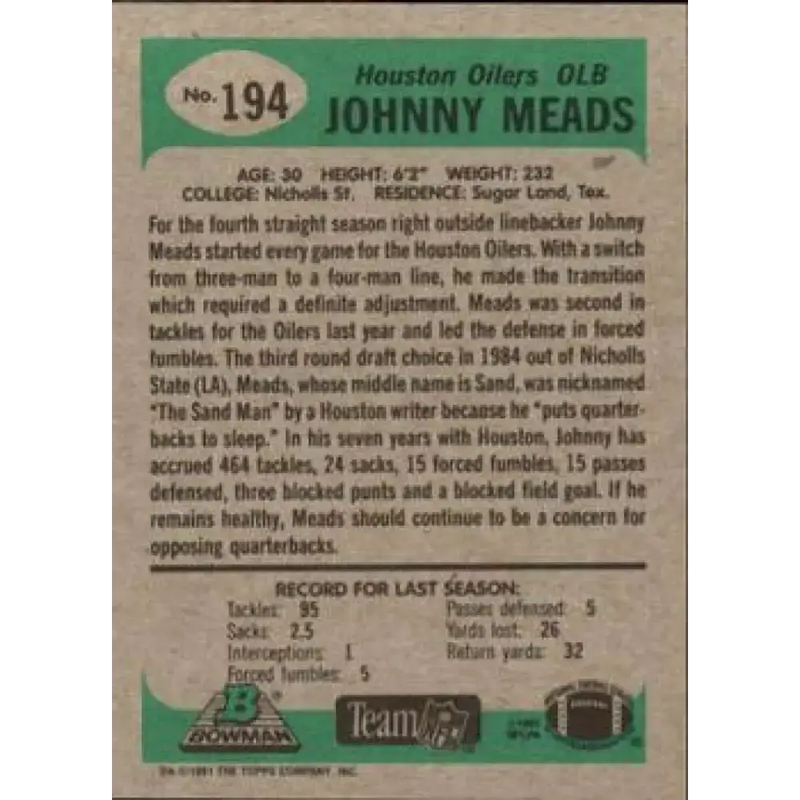 1991 Bowman #194 Johnny Meads NM-MT Houston Oilers Football Card - Football Card Single