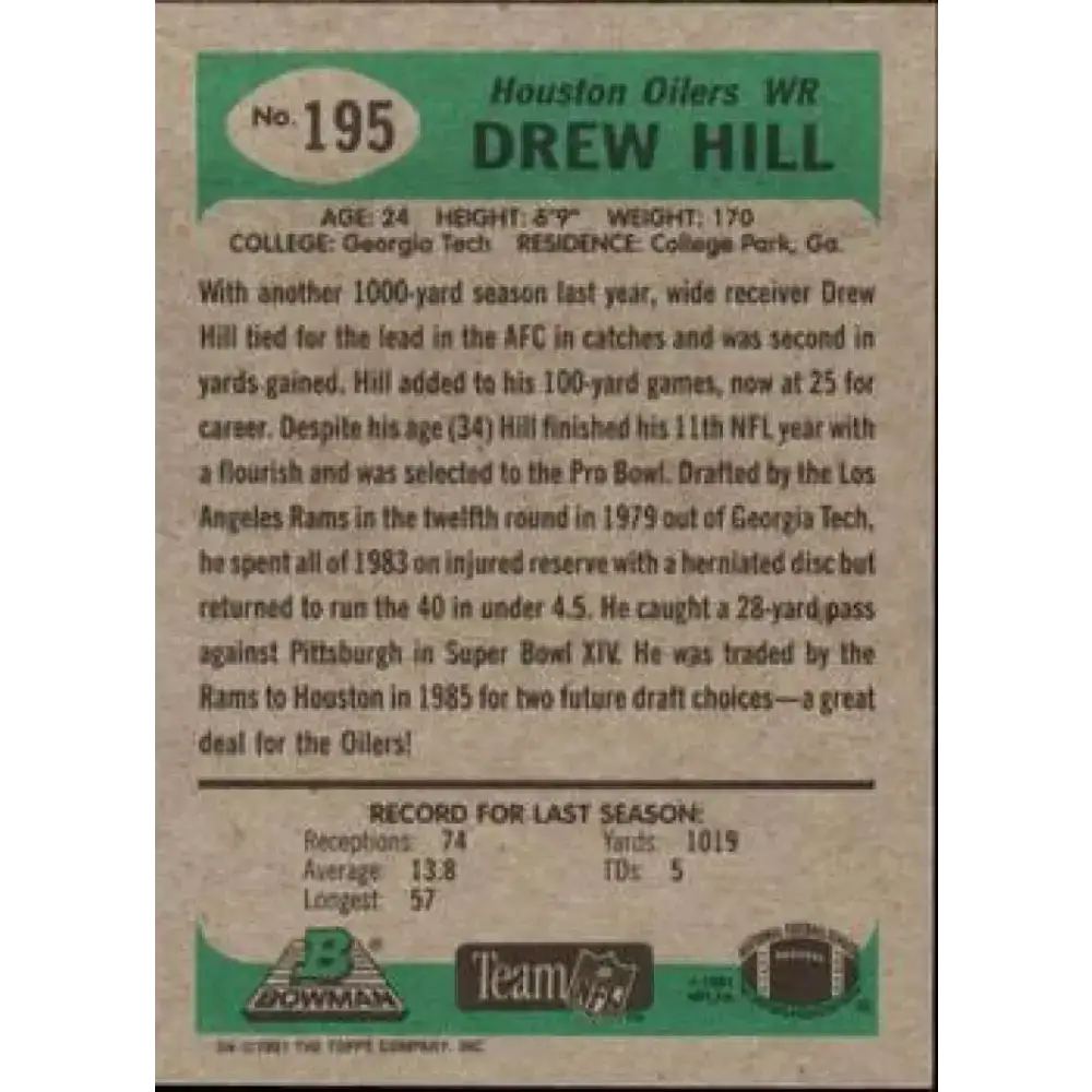 1991 Bowman #195 Drew Hill NM-MT Houston Oilers Football Card