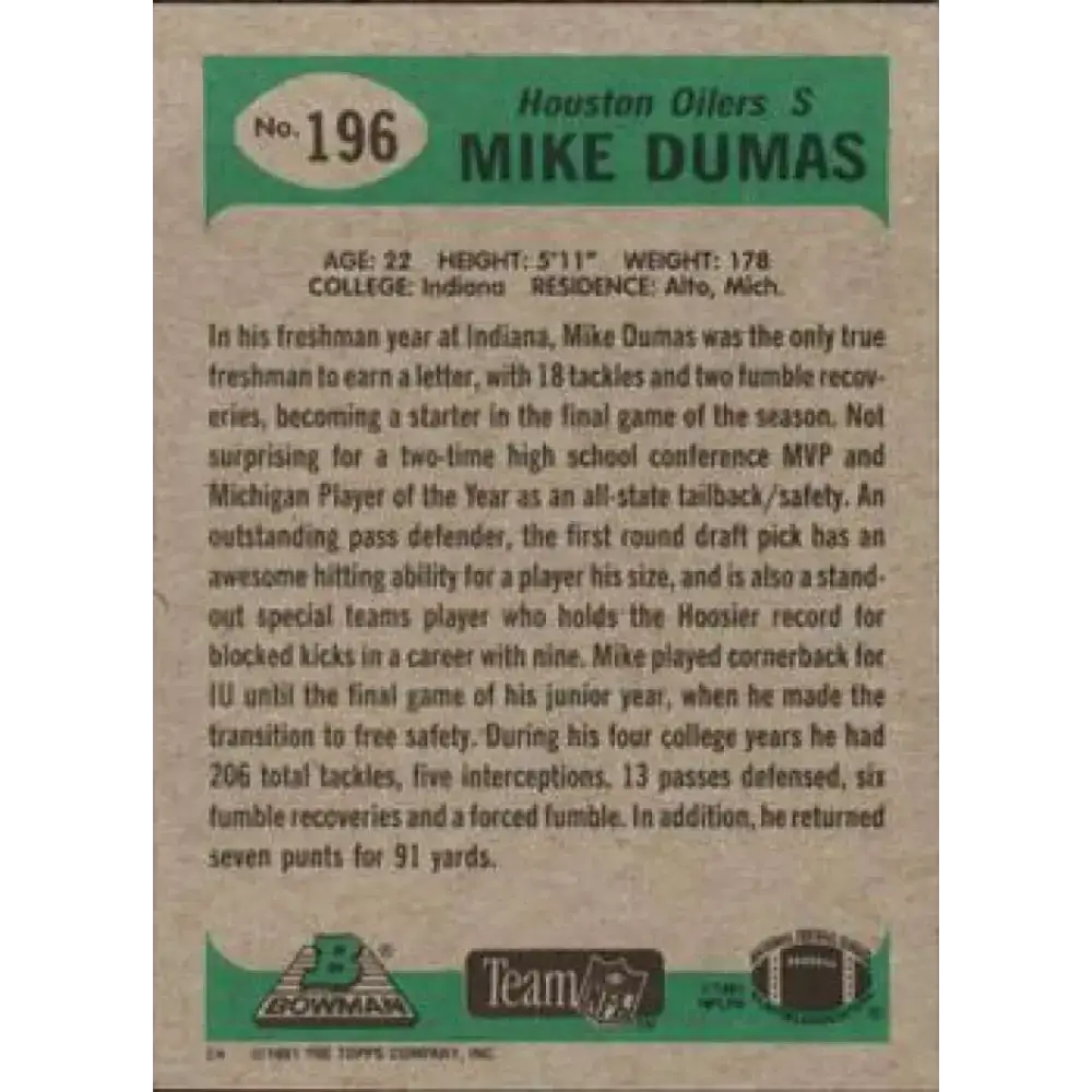 1991 Bowman #196 Mike Dumas NM-MT RC Rookie Houston Oilers Football Card - Football Card Single