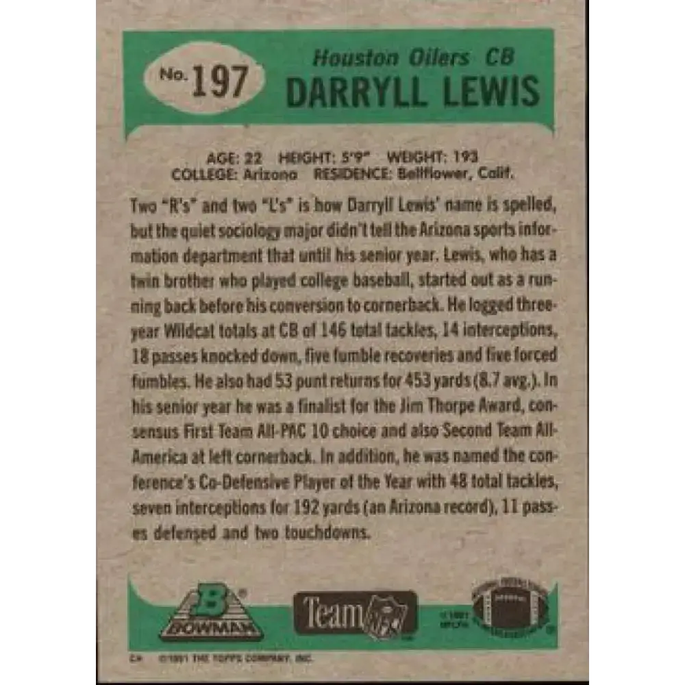 1991 Bowman #197 Darryll Lewis NM-MT RC Rookie Houston Oilers Football Card - Football Card Single