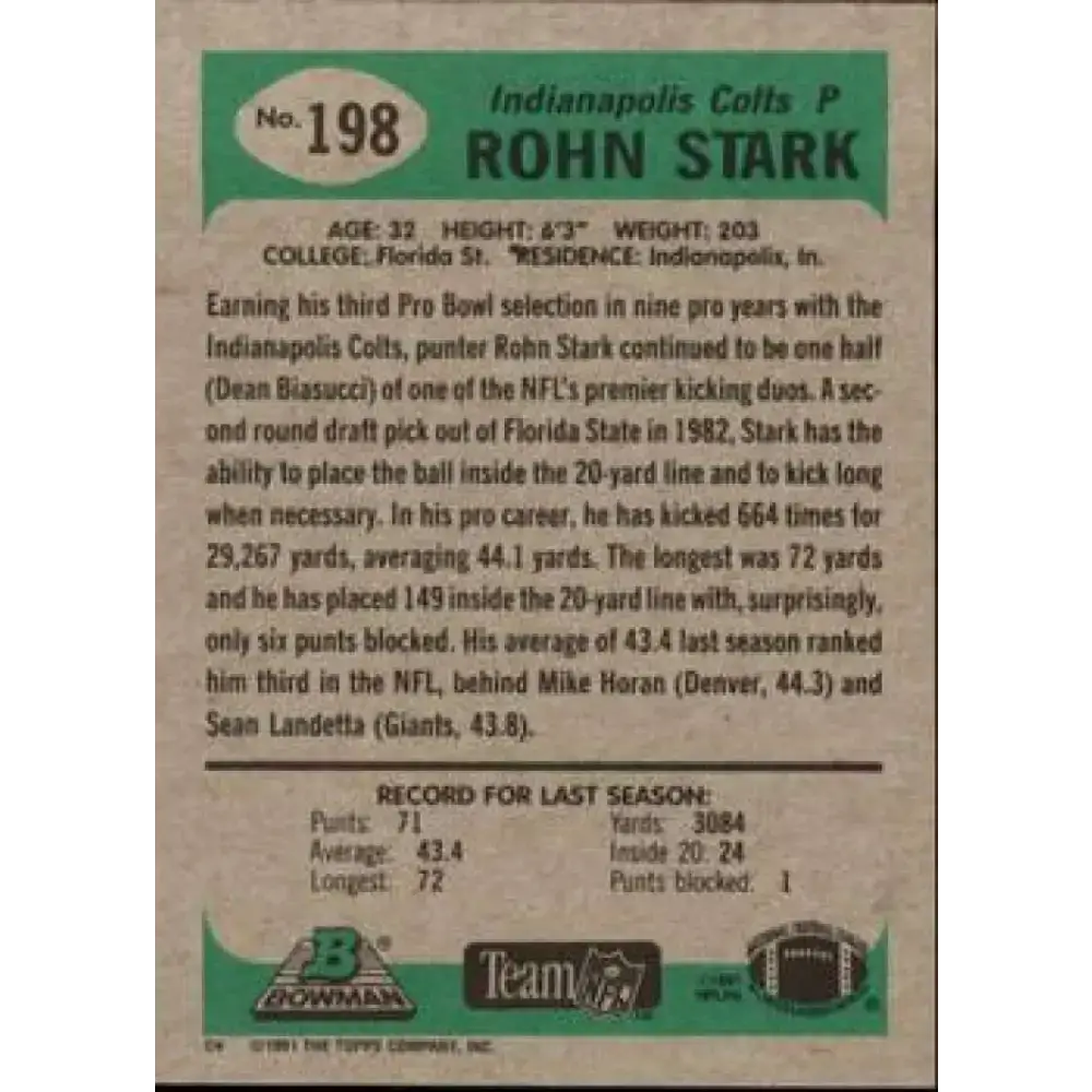1991 Bowman #198 Rohn Stark NM-MT Indianapolis Colts Football Card - Football Card Single