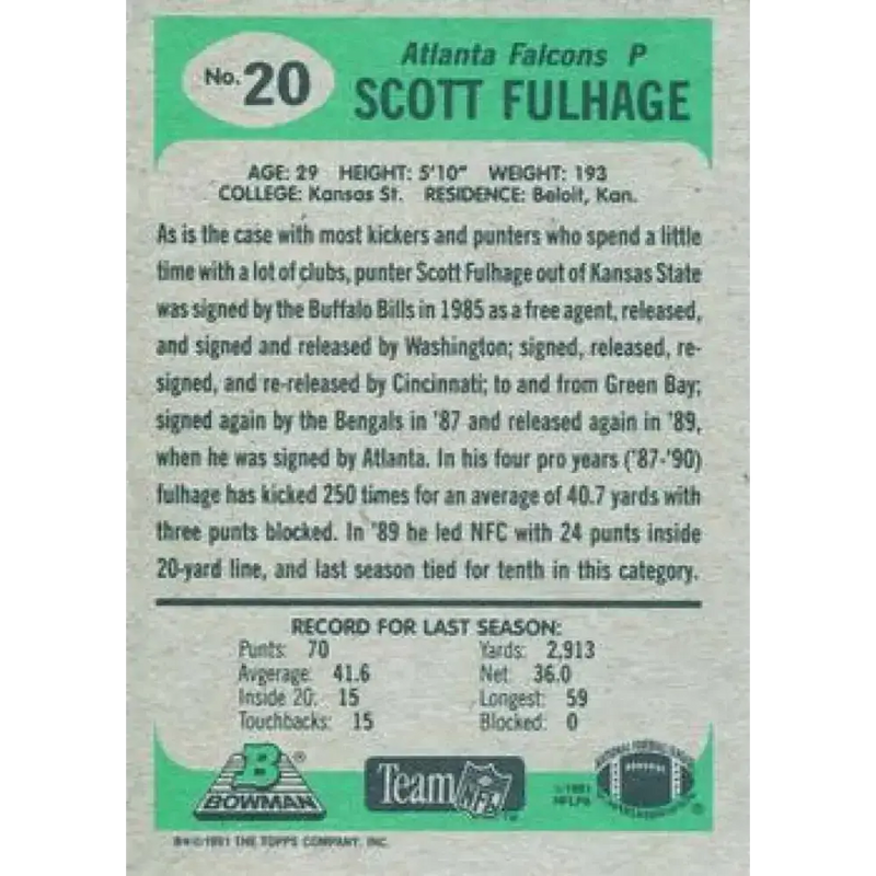1991 Bowman #20 Scott Fulhage NM-MT Atlanta Falcons Football Card - Football Card Single