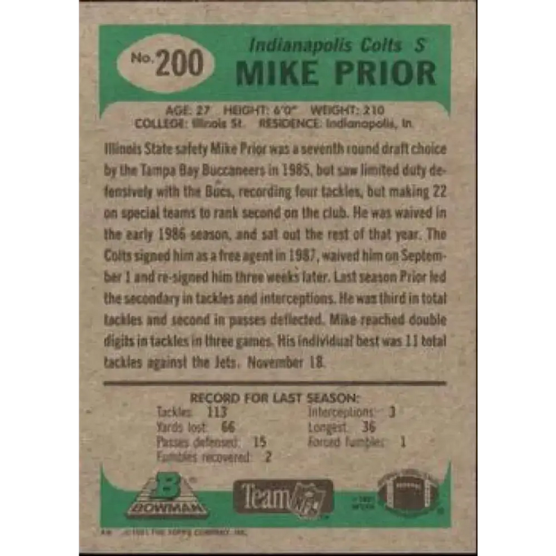 1991 Bowman #200 Mike Prior NM-MT Indianapolis Colts Football Card - Football Card Single