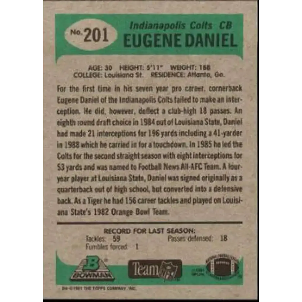 1991 Bowman #201 Eugene Daniel NM-MT Indianapolis Colts Football Card - Football Card Single