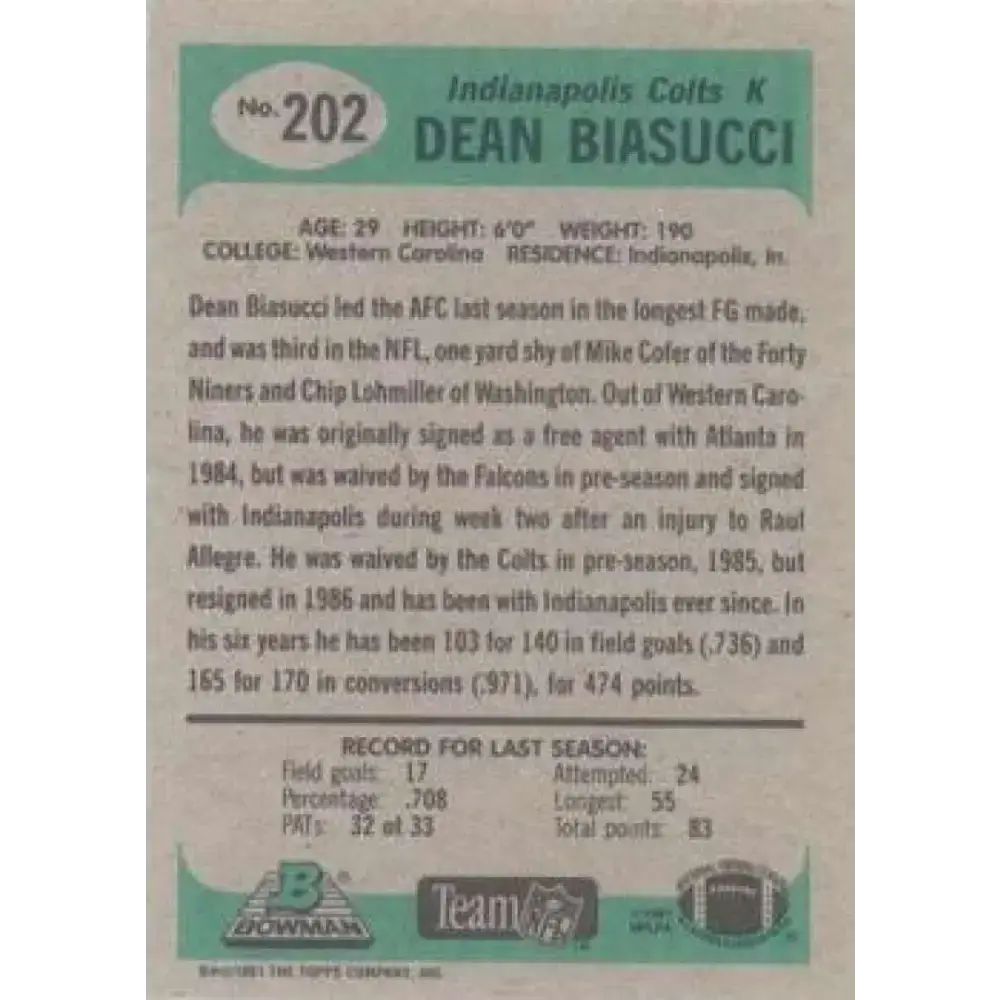 1991 Bowman #202 Dean Biasucci NM-MT Indianapolis Colts Football Card - Football Card Single