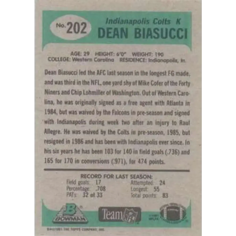 1991 Bowman #202 Dean Biasucci NM-MT Indianapolis Colts Football Card - Football Card Single