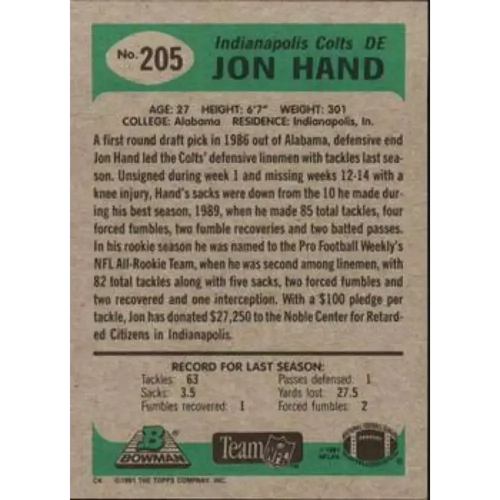 1991 Bowman #205 Jon Hand NM-MT Indianapolis Colts Football Card