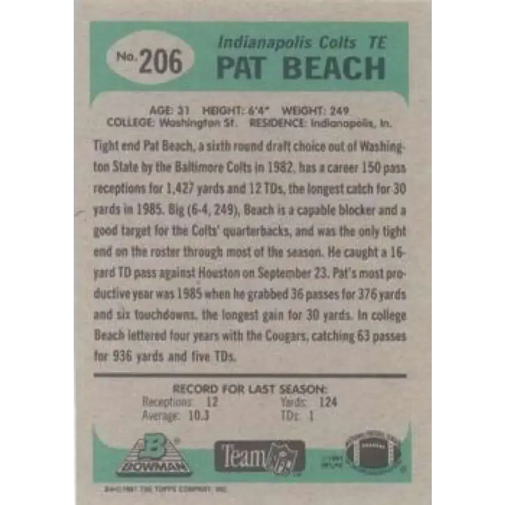 1991 Bowman #206 Pat Beach NM-MT Indianapolis Colts Football Card - Football Card Single