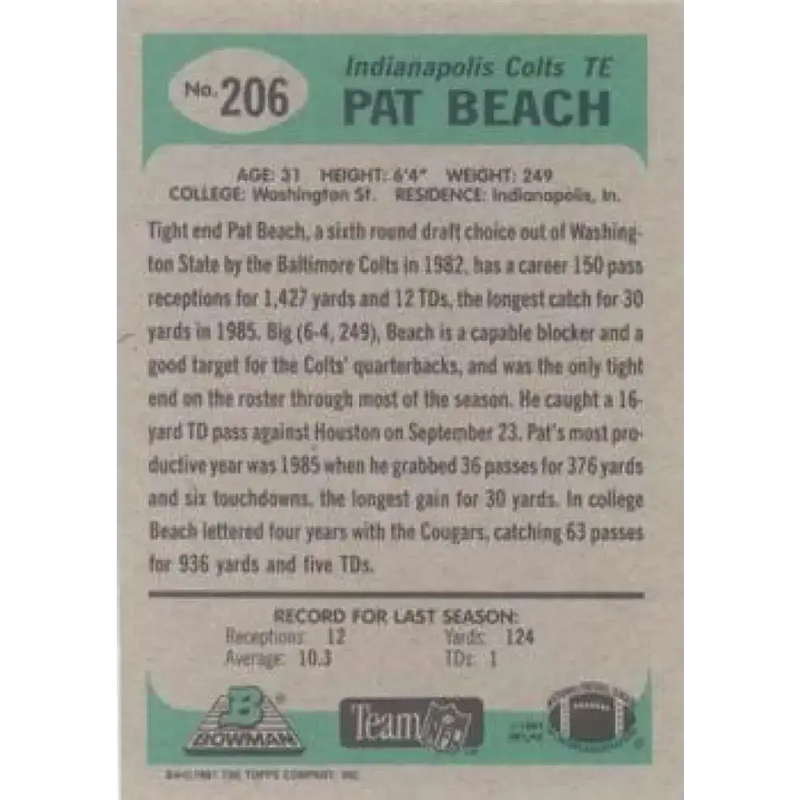 1991 Bowman #206 Pat Beach NM-MT Indianapolis Colts Football Card - Football Card Single