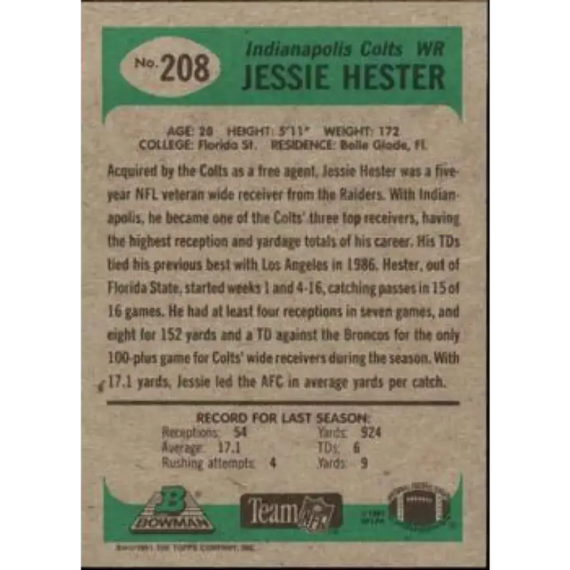1991 Bowman #208 Jessie Hester NM-MT Indianapolis Colts Football Card - Football Card Single