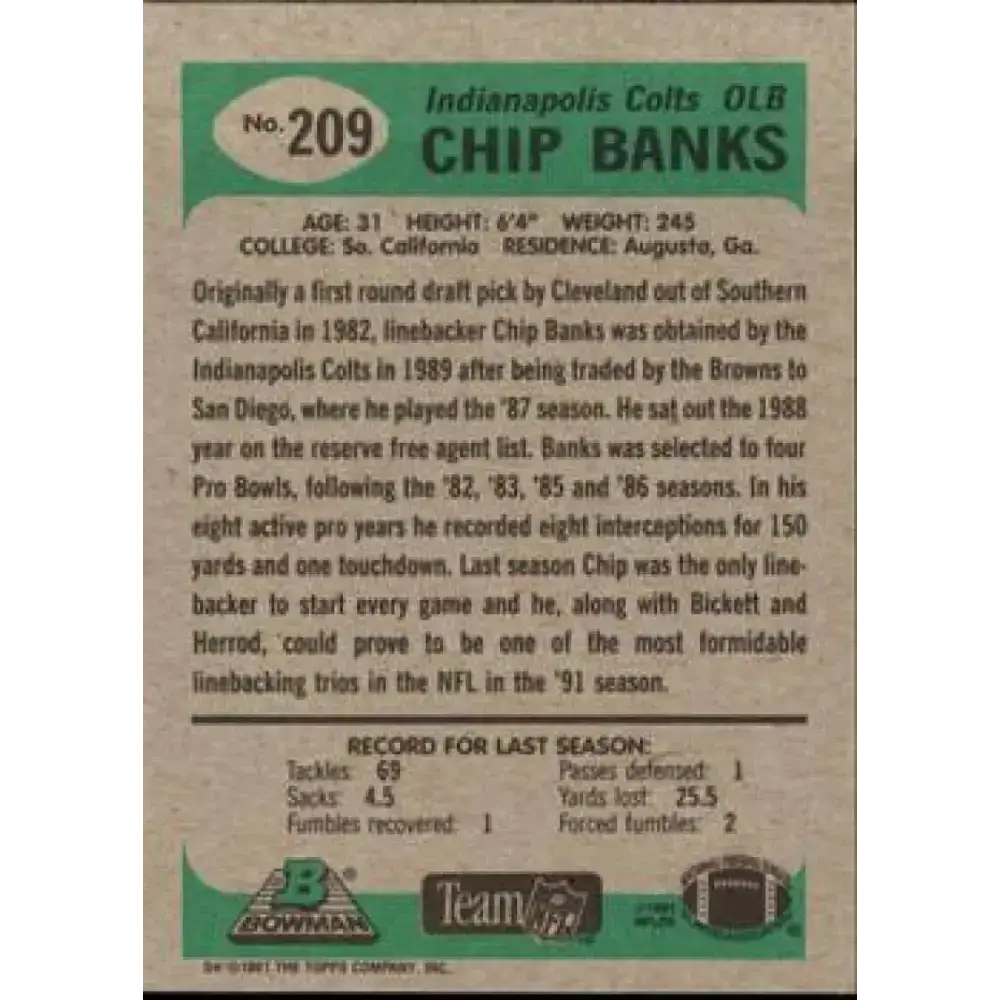 1991 Bowman #209 Chip Banks NM-MT Indianapolis Colts Football Card - Football Card Single