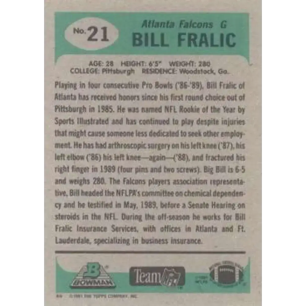 1991 Bowman #21 Bill Fralic NM-MT Atlanta Falcons Football Card - Football Card Single